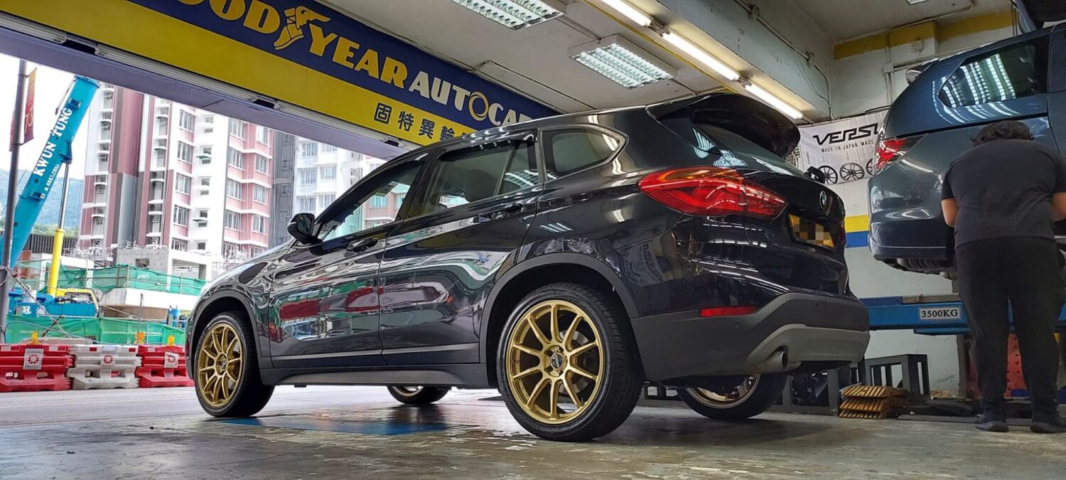BMW X1 with 20×8.5 and 20×9.5-inch Rays Hyuga HP10 Gold
