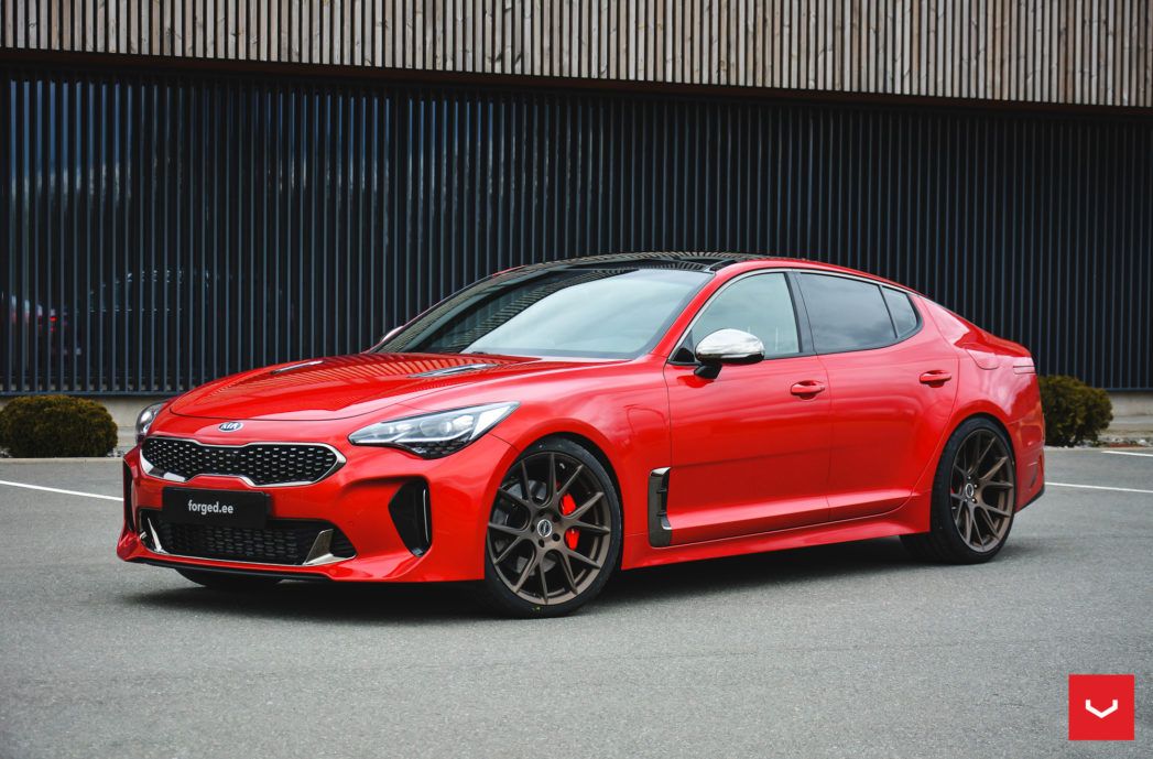 Kia Stinger with 20 × 9 and 20 × 10.5-inch Vossen VFS-6 Aftermarket Wheels.