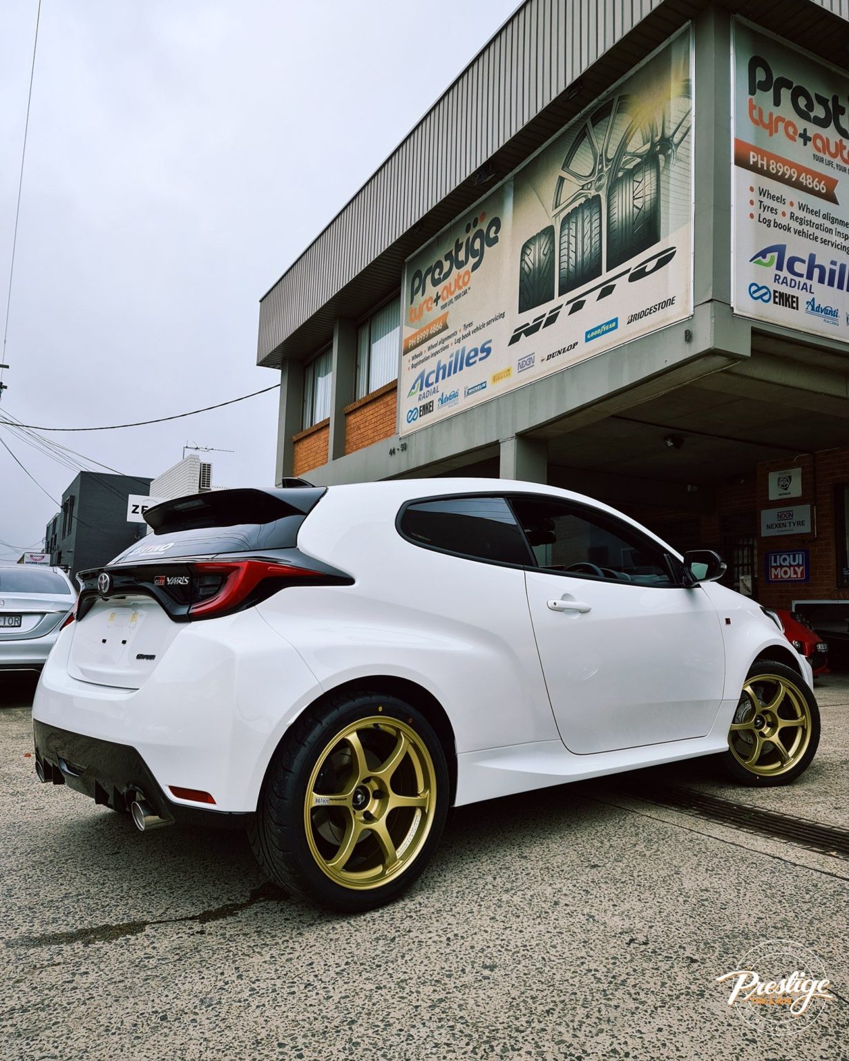 Toyota Yaris GR White with Gold Advan RG2 | Wheel Front