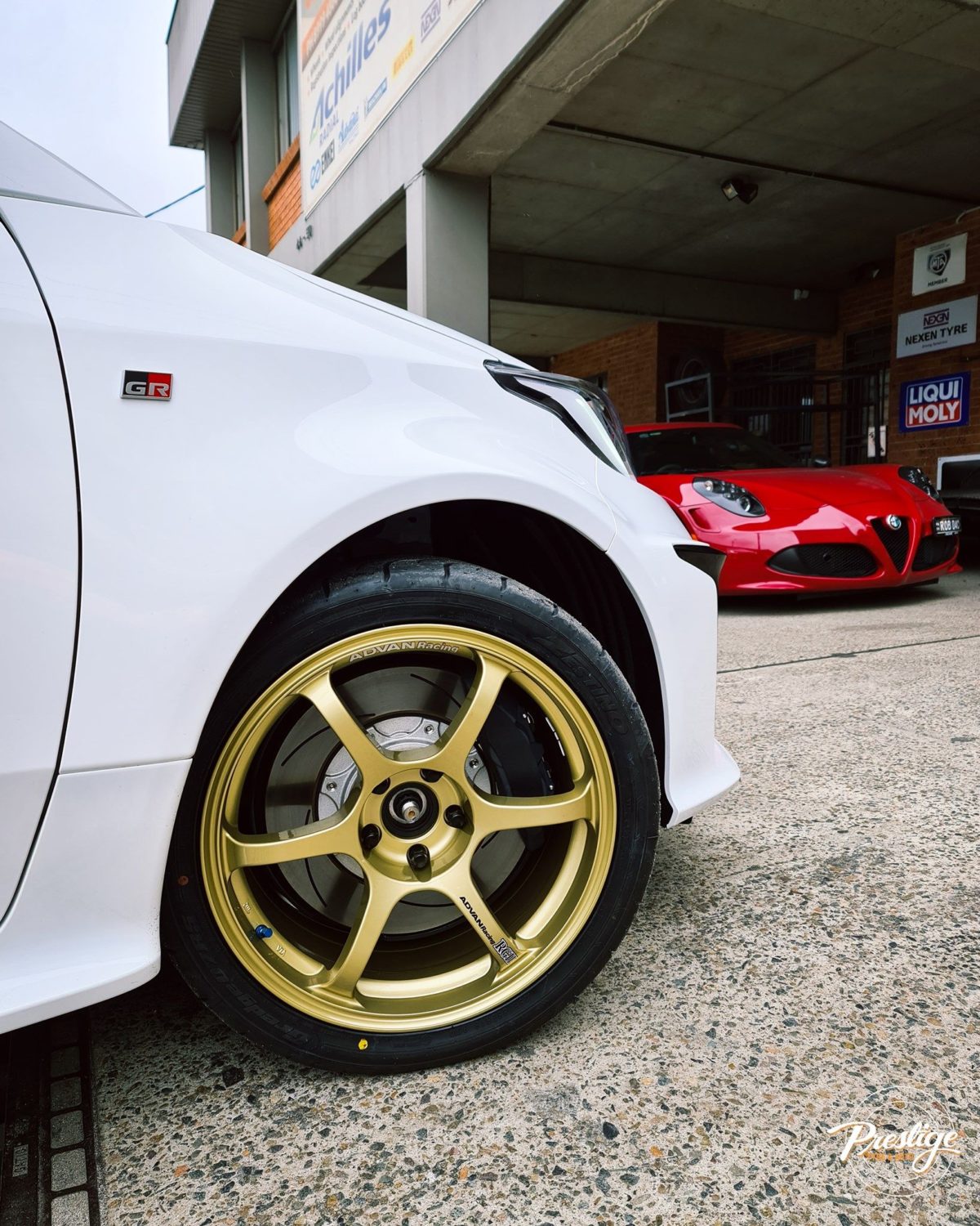 Toyota Yaris GR White with Gold Advan RG2 | Wheel Front
